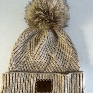 C.C Exclusives Beige Knit Beanie with Faux Fur Pom